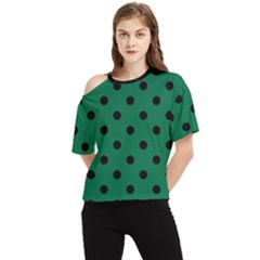 Large Black Polka Dots On Cadmium Green - One Shoulder Cut Out Tee