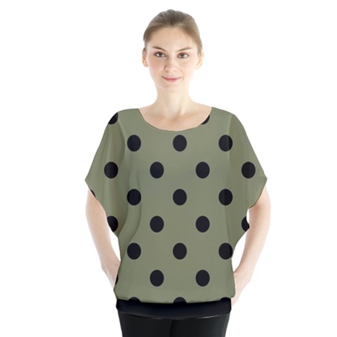 Large Black Polka Dots On Calliste Green - Batwing Chiffon Blouse by FashionLane