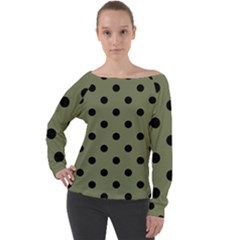 Large Black Polka Dots On Calliste Green - Off Shoulder Long Sleeve Velour Top by FashionLane