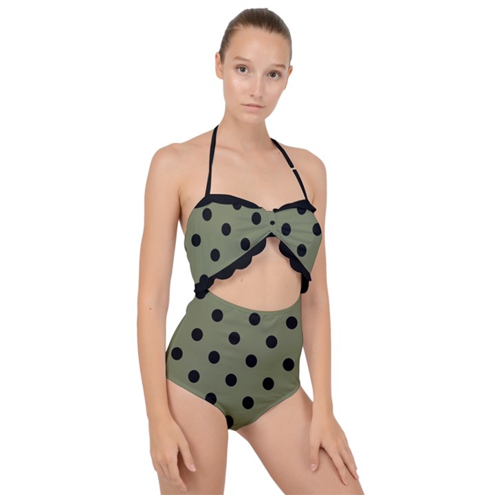 Large Black Polka Dots On Calliste Green - Scallop Top Cut Out Swimsuit