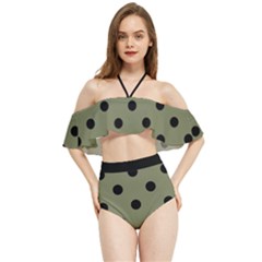 Large Black Polka Dots On Calliste Green - Halter Flowy Bikini Set 