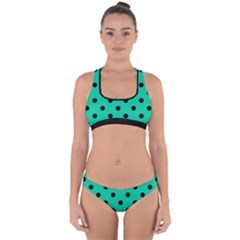 Large Black Polka Dots On Caribbean Green - Cross Back Hipster Bikini Set by FashionLane