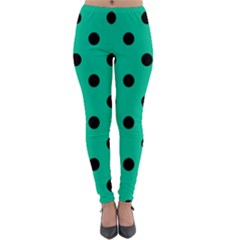 Large Black Polka Dots On Caribbean Green - Lightweight Velour Leggings by FashionLane