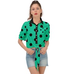 Large Black Polka Dots On Caribbean Green - Tie Front Shirt  by FashionLane