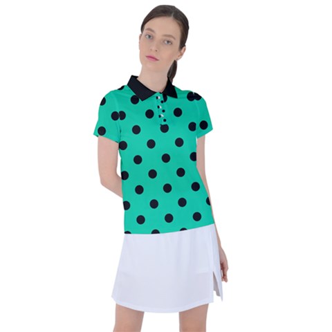 Large Black Polka Dots On Caribbean Green - Women s Polo Tee by FashionLane