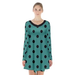 Large Black Polka Dots On Celadon Green - Long Sleeve Velvet V-neck Dress by FashionLane