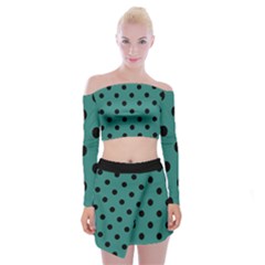 Large Black Polka Dots On Celadon Green - Off Shoulder Top With Mini Skirt Set by FashionLane