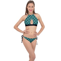 Large Black Polka Dots On Celadon Green - Cross Front Halter Bikini Set by FashionLane