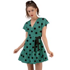 Large Black Polka Dots On Celadon Green - Flutter Sleeve Wrap Dress by FashionLane