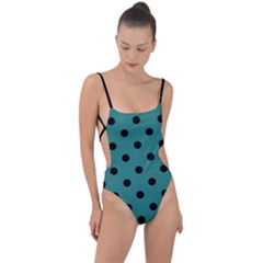 Large Black Polka Dots On Celadon Green - Tie Strap One Piece Swimsuit by FashionLane