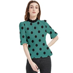 Large Black Polka Dots On Celadon Green - Frill Neck Blouse