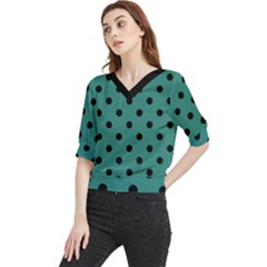 Large Black Polka Dots On Celadon Green - Quarter Sleeve Blouse