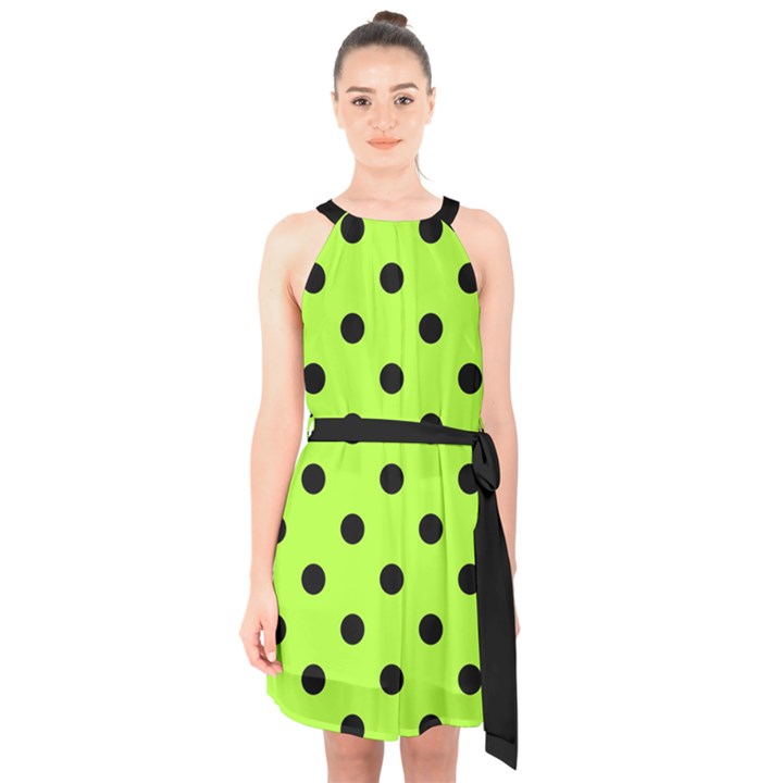 Large Black Polka Dots On Chartreuse Green - Halter Collar Waist Tie Chiffon Dress