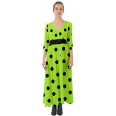 Large Black Polka Dots On Chartreuse Green - Button Up Boho Maxi Dress