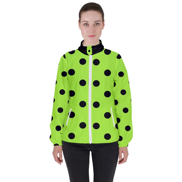 Large Black Polka Dots On Chartreuse Green - Women s High Neck Windbreaker