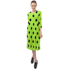 Large Black Polka Dots On Chartreuse Green - Ruffle End Midi Chiffon Dress by FashionLane