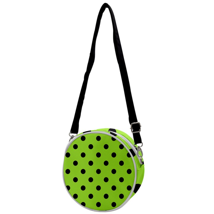 Large Black Polka Dots On Chartreuse Green - Crossbody Circle Bag