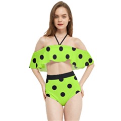 Large Black Polka Dots On Chartreuse Green - Halter Flowy Bikini Set  by FashionLane