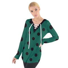 Large Black Polka Dots On Christmas Green - Tie Up Tee by FashionLane