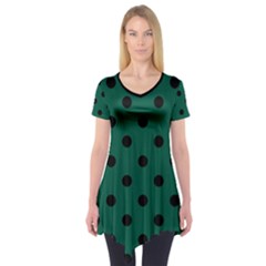 Large Black Polka Dots On Christmas Green - Short Sleeve Tunic  by FashionLane