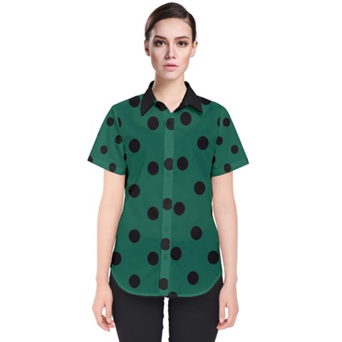 Large Black Polka Dots On Christmas Green - Women s Short Sleeve Shirt by FashionLane