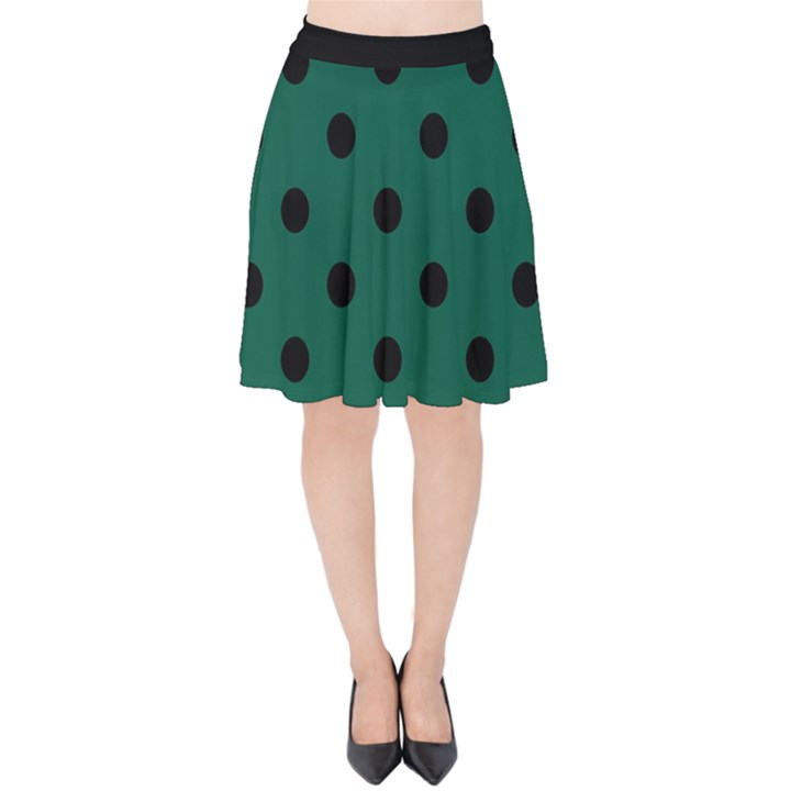 Large Black Polka Dots On Christmas Green - Velvet High Waist Skirt