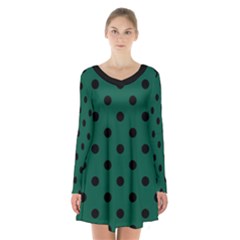 Large Black Polka Dots On Christmas Green - Long Sleeve Velvet V-neck Dress by FashionLane