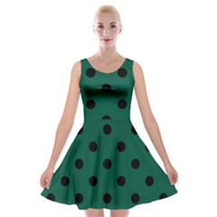 Large Black Polka Dots On Christmas Green - Velvet Skater Dress by FashionLane