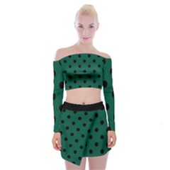 Large Black Polka Dots On Christmas Green - Off Shoulder Top With Mini Skirt Set by FashionLane