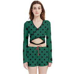 Large Black Polka Dots On Christmas Green - Velvet Wrap Crop Top And Shorts Set