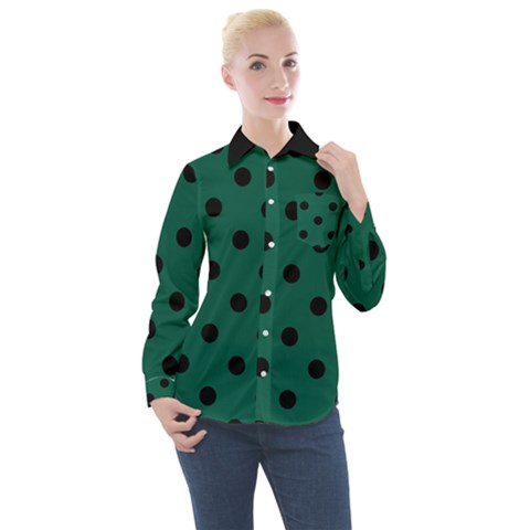 Large Black Polka Dots On Christmas Green - Women s Long Sleeve Pocket Shirt by FashionLane