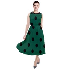 Large Black Polka Dots On Christmas Green - Round Neck Boho Dress