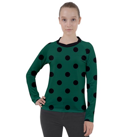 Large Black Polka Dots On Christmas Green - Women s Pique Long Sleeve Tee by FashionLane