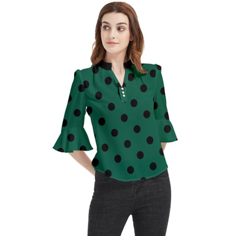 Large Black Polka Dots On Christmas Green - Loose Horn Sleeve Chiffon Blouse by FashionLane