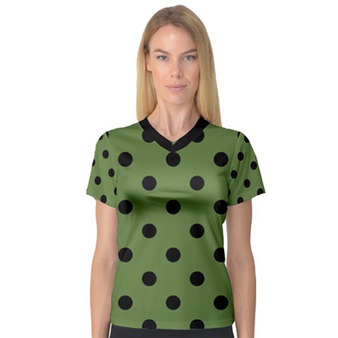 Large Black Polka Dots On Crocodile Green - V-neck Sport Mesh Tee by FashionLane