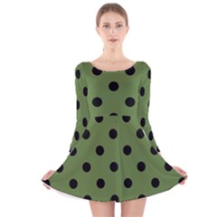 Large Black Polka Dots On Crocodile Green - Long Sleeve Velvet Skater Dress by FashionLane