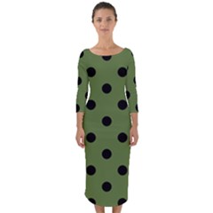 Large Black Polka Dots On Crocodile Green - Quarter Sleeve Midi Bodycon Dress by FashionLane