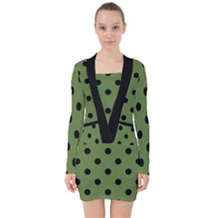 Large Black Polka Dots On Crocodile Green - V-neck Bodycon Long Sleeve Dress by FashionLane