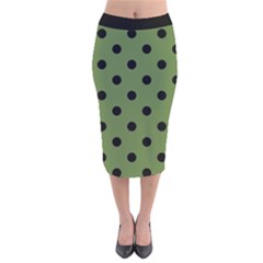 Large Black Polka Dots On Crocodile Green - Velvet Midi Pencil Skirt by FashionLane