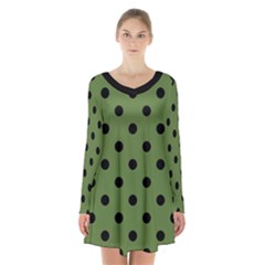 Large Black Polka Dots On Crocodile Green - Long Sleeve Velvet V-neck Dress by FashionLane