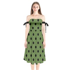 Large Black Polka Dots On Crocodile Green - Shoulder Tie Bardot Midi Dress by FashionLane