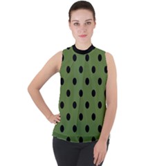 Large Black Polka Dots On Crocodile Green - Mock Neck Chiffon Sleeveless Top by FashionLane