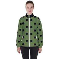 Large Black Polka Dots On Crocodile Green - Women s High Neck Windbreaker by FashionLane