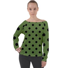 Large Black Polka Dots On Crocodile Green - Off Shoulder Long Sleeve Velour Top by FashionLane