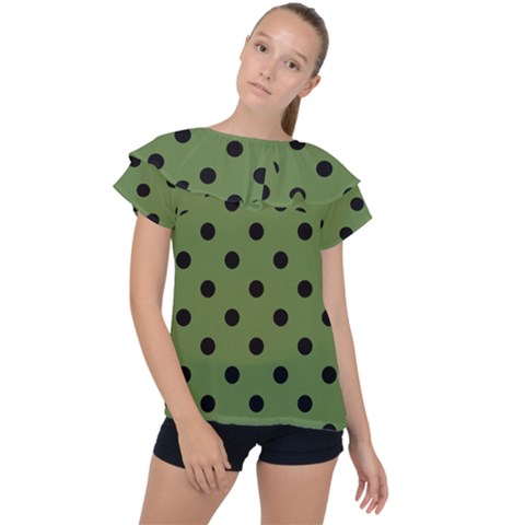 Large Black Polka Dots On Crocodile Green - Ruffle Collar Chiffon Blouse by FashionLane