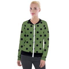 Large Black Polka Dots On Crocodile Green - Velvet Zip Up Jacket by FashionLane