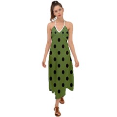 Large Black Polka Dots On Crocodile Green - Halter Tie Back Dress  by FashionLane