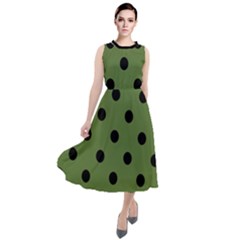 Large Black Polka Dots On Crocodile Green - Round Neck Boho Dress