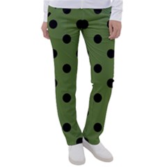 Large Black Polka Dots On Crocodile Green - Women s Casual Pants by FashionLane