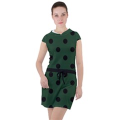 Large Black Polka Dots On Eden Green - Drawstring Hooded Dress by FashionLane